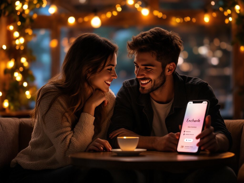 Couple enchanté par une rencontre magique sur application Couple souriant en utilisant une application de rencontre sous des lumières féeriques.