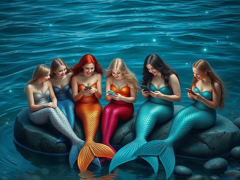 Mermaids Using Dating Apps Together by the Sea